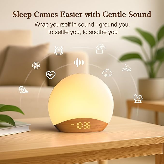 REACHER Wood Grain Sunrise Alarm Clock and Sound Machine Nightlight, Digital Dimmable Clock for Bedroom, 26 Sleep Sounds, White Noise Machine for Baby, Adults, Wake Up Light Alarm Clock for Kids - Bloomnest