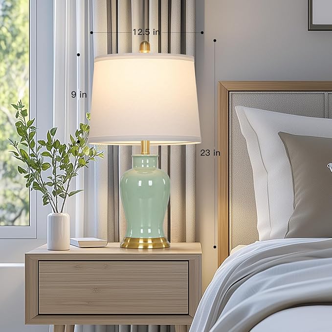Green Ceramic Lamps Set of 2, 23" Modern Table Lamps for Living Room, Classic Bedside Lamp with Ginger Jar Design, Elegant Bedroom Lamp for Night Stand Desk Side End Table Home Decor - Bloomnest