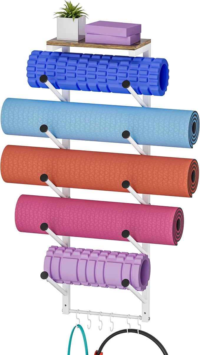5 Tiers Yoga Mat Holder Rack Wall Mount with 6 Hooks for Hanging Accessory Yoga Strap Foam Rollers Resistance Bands, Yoga Mats Organizer with Floating Shelf for Home Gym Storage Fitness