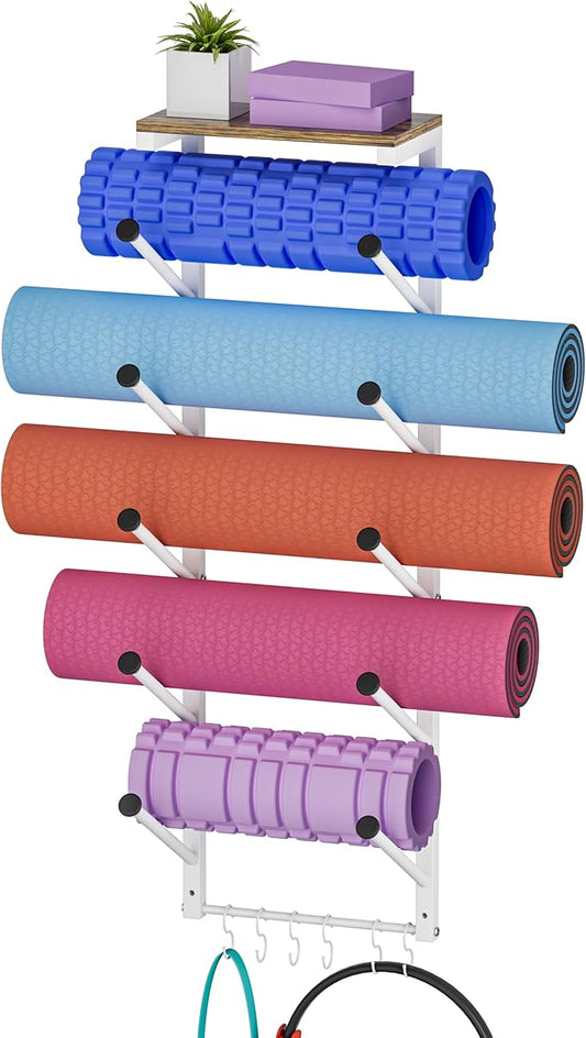 5 Tiers Yoga Mat Holder Rack Wall Mount with 6 Hooks for Hanging Accessory Yoga Strap Foam Rollers Resistance Bands, Yoga Mats Organizer with Floating Shelf for Home Gym Storage Fitness