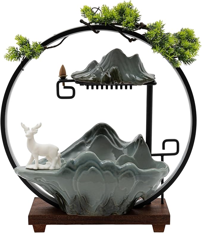 Waterfall Fountain with LED Light, Desktop Water Fountain with Mist Maker & Backflow Incense Burner, Green Ceramic Base with White Deer, Zen Indoor Fountain Decor for Home Office Desk