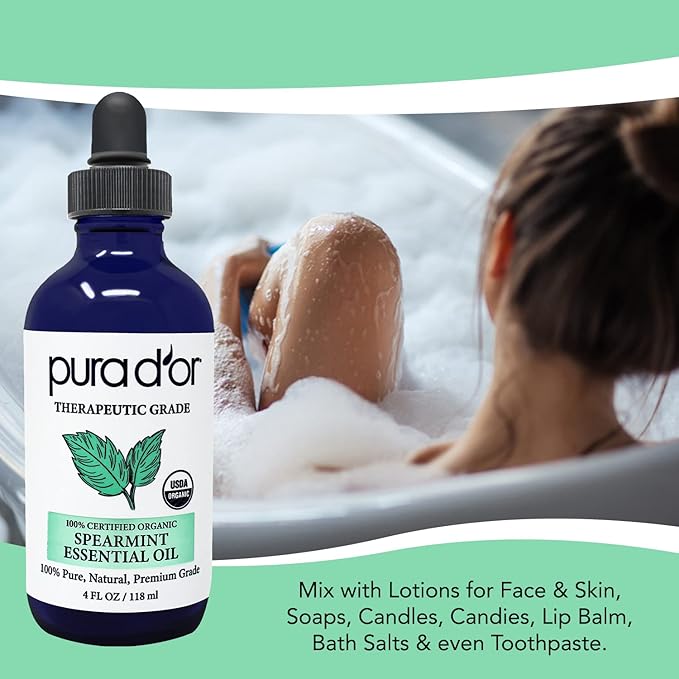 PURA D'OR Organic Spearmint Essential Oil (4oz with Glass Dropper) USDA Certified 100% Pure & Natural Therapeutic Grade Diffuser for Aromatherapy, Focus, Concentration, Mood Uplift - Bloomnest