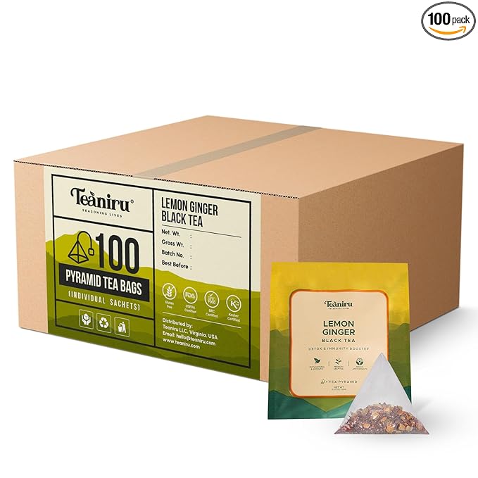 Teaniru, Lemon Ginger Black Tea - 100 Pyramid Tea Bags in Individual Sachets | Detox Tea - Medium Caffeine | 100% Natural Ingredients, Pure Leaf Tea - Brew Hot or Cold - Bloomnest