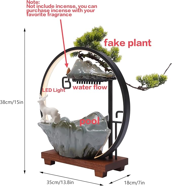 15In Water Fountains Indoor Tabletop Waterfall Humidifier with LED Light and Atomizer Mist, Japanese Zen Decor Meditation Fake Plants Bonsai Feng Shui Decor Festival Birthday surprise Good Luck Wealth - Bloomnest