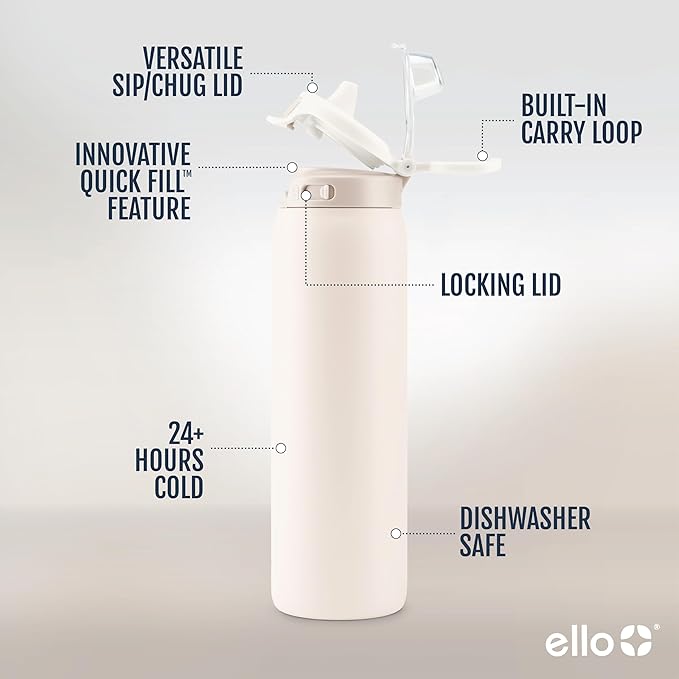 Ello Pop & Fill Insulated Stainless Steel Water Bottle with Quick Fill Lid, Leakproof Locking, Sip or Chug Spout, BPA-Free, Double Wall Vacuum Insulated for Sports, Travel & School- 22oz / 32oz / 40oz Ello