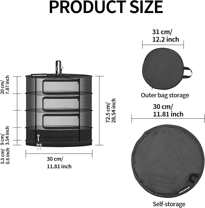 Herb Drying Hanging Mesh Rack - 1ft Diameter (D12xH29 inch) 3+1 Layer, Foldable Plant Drying Net with U-Shaped Zipper & Storage Pouch - for Herbs, Plants, Flowers, Fruits, Food - Bloomnest