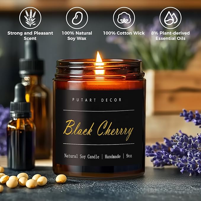 Black Cherrry Scented Candle for Home, Natural Soy Wax Aromatherapy Non Toxic Candle Gifts for Women & Men, Handmade Highly Scented & Long Lasting Jar Candle for Stress Relief (9oz) - Bloomnest