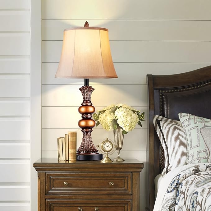 Set of 2 Touch Control Traditional Table Lamp, 27" H Bedside Lamps with 2 USB Charging Ports, 3-Way Dimmable Bronze Finish Large Nightstand Lamps with Bell Faux Silk Shade for Living Room, Bedroom - Bloomnest