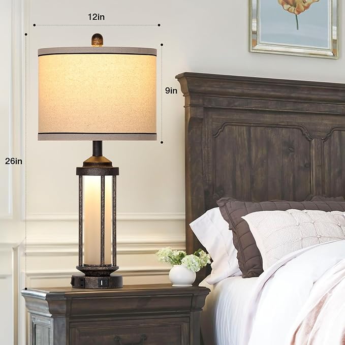 27" Farmhouse Industrial Table Lamps, Vintage Rustic Retro Beside Lamps with USB A+C Charging Ports & AC Outlet, Modern Nightstand Lamps with Glass LED Night Light for Living Room Bedrooms End Table - Bloomnest