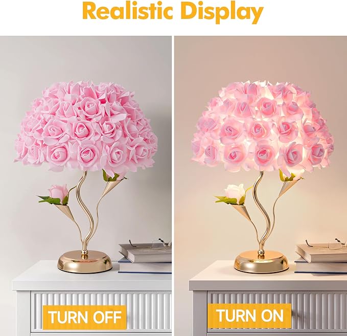 Pink Flowers Lamp Fabric Rose Table Lamp Flower Desk Lamp Creative Bedroom Nightstand Light or Wedding Decor Valentines Dating Party Livingroom Hotel Office Study Room - Bloomnest