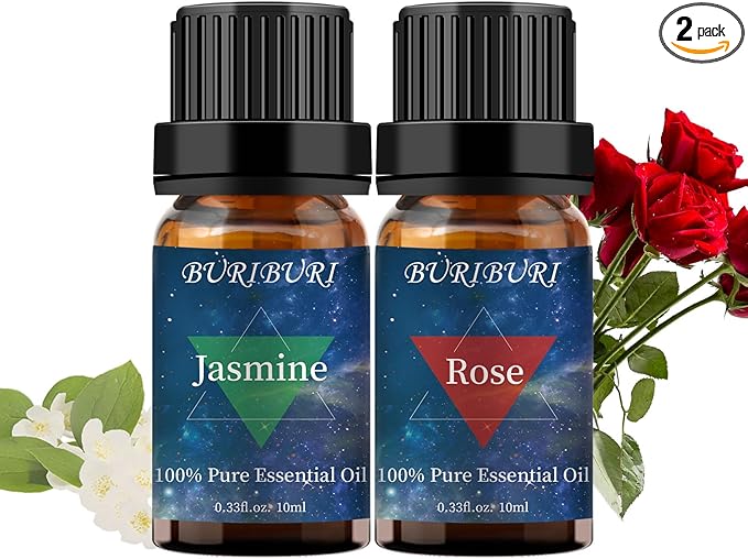 BURIBURI Rose Oil and Jasmine Essential Oil, 2Pcs 100% Pure Aromatherapy Rose Essential Oil Gift Set for Diffuser, Massage, Soap Candle Making BURIBURI