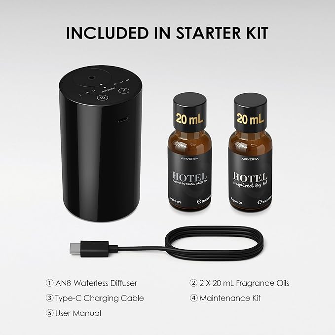 Airversa Waterless Essential Oil Diffuser Starter Kit with 2x20mL Hotel Fragrance Oils for Car Home Office, Cordless Battery Operated Scent Air Freshener Diffuser, Mist & Timer, AN8Kit-3 Black - Bloomnest