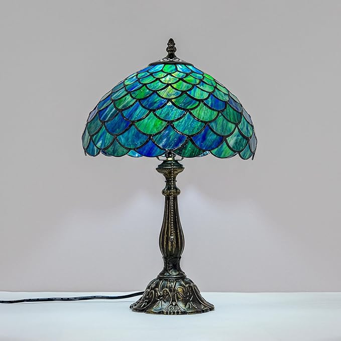 Tiffany Style Table Lamp Vintage Stained Glass Desk Lamp Sea Blue Fish Scales Bedside Reading Light Decor Bedroom Living Room Home Office D12 xH18 - Bloomnest