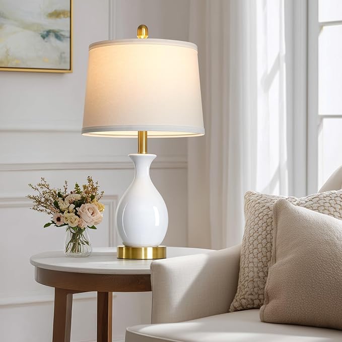 24" White Ceramic Table Lamps Set of 2 for Bedroom, Modern Classic Bedside Lamps for Nightstand, Small Table Lamp for Living Room Side Table (2 LED Bulbs Included) - Bloomnest