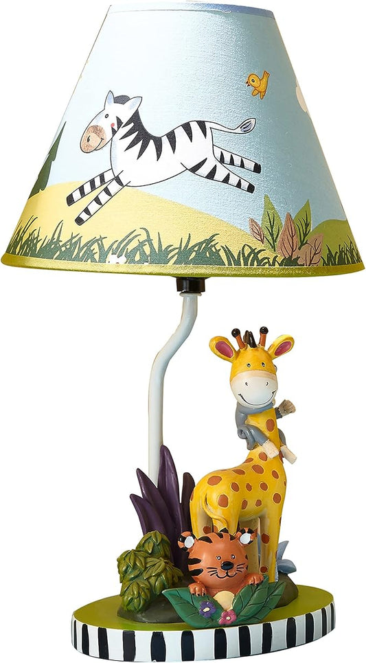 Fantasy Fields - Sunny Safari Animals Thematic Kids Table Lamp, for Girls & Boys Rooms with Printed Zebra Lampshade & Sculpted Monkey, Giraffe, & Tiger Base, Jungle Lamp for Nurseries & Baby Rooms - Bloomnest
