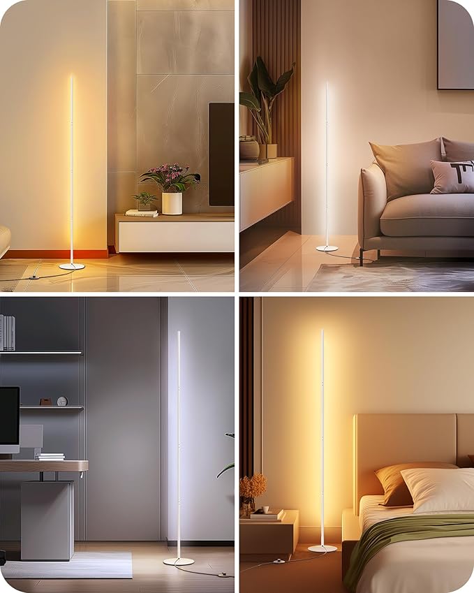 EDISHINE Corner LED Floor Lamp, 57.5" Dimmable Corner Light with Remote, 3 Color Temperature 3000K-4500K-6000K, Minimalist Floor Lamp for Bedroom, Living Room, Office, White - Bloomnest