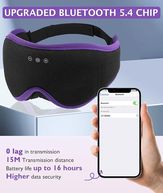 LC-dolida Sleep Mask with Headphones Bluetooth 5.4, 3D Sleeping Headphones for Side Sleepers Bluetooth Sleep Mask Blackout Bluetooth Eye Mask for Sleeping Travel Meditation Men Women - Bloomnest