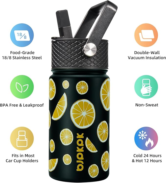 BJPKPK Water Bottle with Straw Lid, 15 oz Insulated Water Bottle, Stainless Steel Metal Water Bottles, Reusable Leak Proof BPA Free Thermo, Flask, Cups,Lemon - Bloomnest