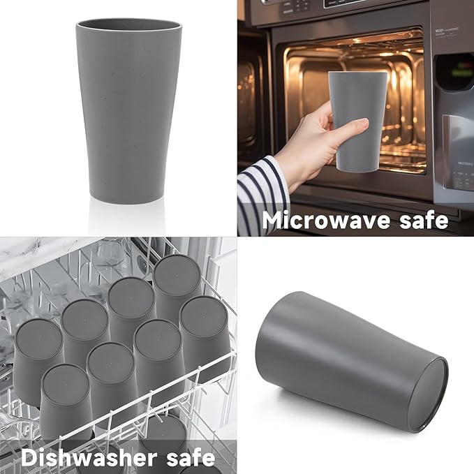 EI 8pcs Dark Grey Wheat Straw Cups,Unbreakable Plastic Reusable Cups,Plastic Tumbler Cups for Kitchen,Dishwasher Safe Water Glasses for Water, Coffee, Juice, Tea - Bloomnest