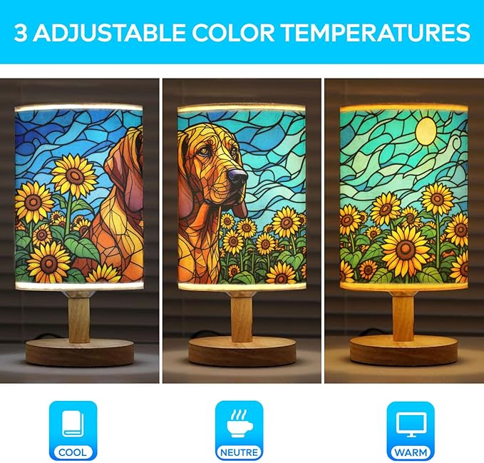 Bloodhound Table Lamp LED 3-Color Pressed Bedside, Dog Shade Lamp with Wood Base for Bedroom Living Room Desk Office - Bloomnest