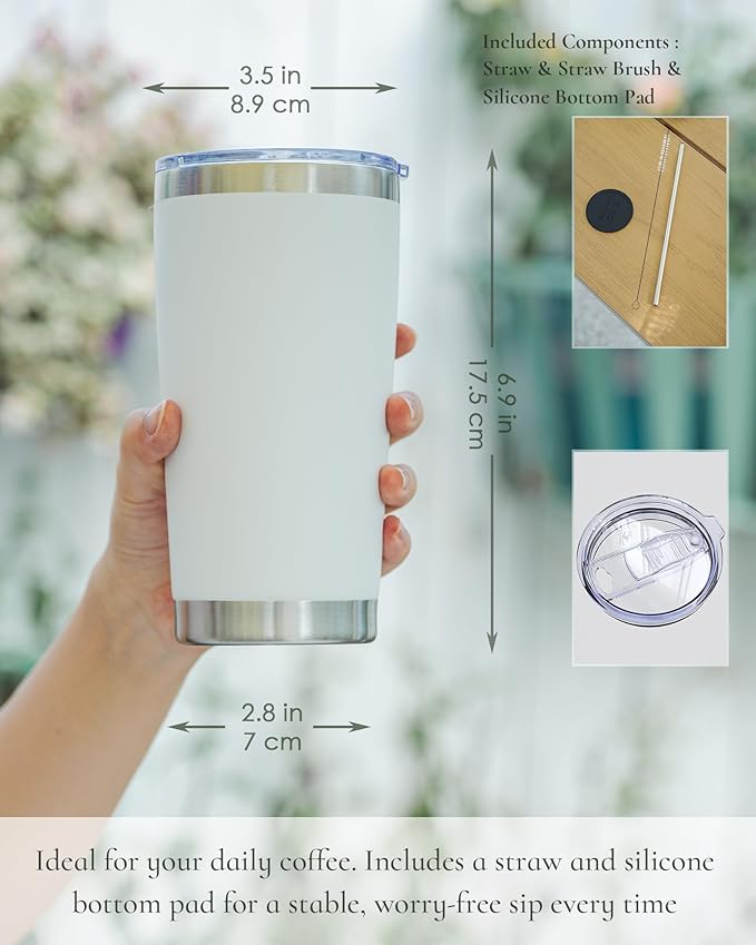 Travel Coffee Tumbler 20oz, 12 Pack Leakproof Travel Coffee Mug with Lid and Straw, Stainless Steel Double Wall Vacuum Insulated Tumbler for Hot/Iced Drinks (Textured Matte, White) - Bloomnest