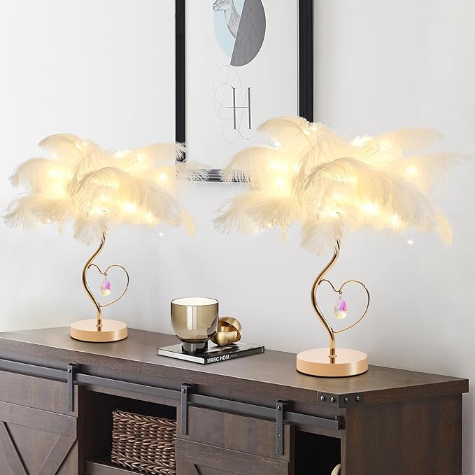 White Ostrich Feather Lamp Princess Fluffy Bedside Lamp Romantic Feather Table Lamp Nightstand Light for Girl Bedroom Wedding Decor Valentine Dating Living Room Hotel Office - Bloomnest