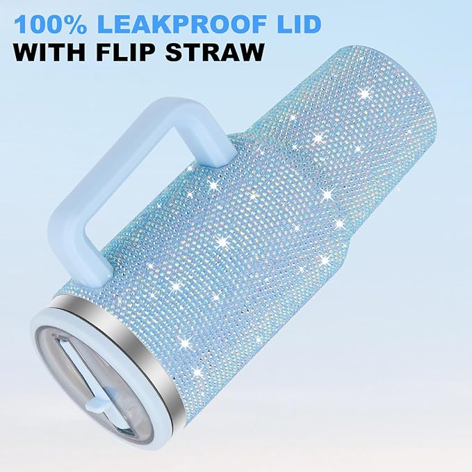 40 oz Tumbler with Handle and Flip Straw Lid, Insulated Leak Proof Double Walled Stainless Steel Rhinestone Diamond Studded Bling Travel Mug Tumblers, Maintains Cold Ice and Heat for Hours - Bloomnest