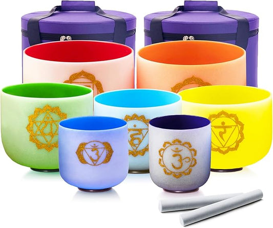 432HZ 7-12 inch Set of 7 Color Gold Powder Printing Frosted Chakra Quartz Crystal Sound Singing Bowls Healing Meditation Yogo and 2 Travel Carry Case Bag 2 Mallet Suede 2 Strikers 7 O-rings - Bloomnest