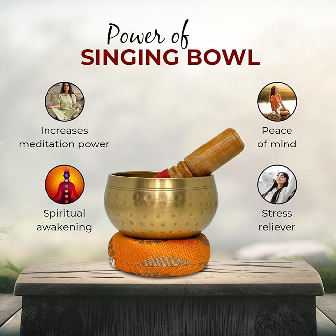 Nature's Own Tibetan Singing Bowl Set Easy to Play Meditation Sound Bowl Handcrafted in Nepal for Yoga, Mindfulness, Chakra Healing, Stress Relief Spiritual Gifts for Women & Men (5.5 Inch, Hammered) - Bloomnest