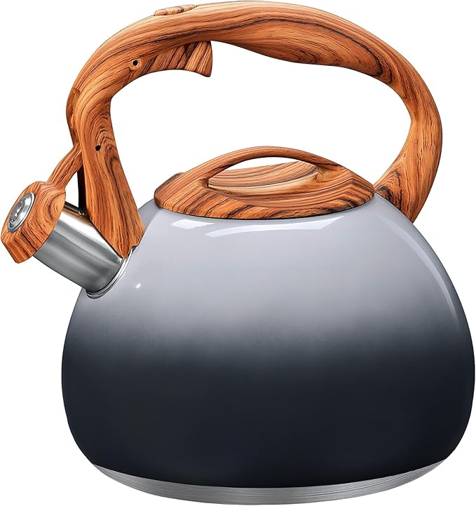 GGC Tea Kettle for Stove Top, 3.1QT/3L Whistling Tea Kettles for Boiling Water Coffee or Milk, Grey&Black Gradient kettle Pot with Wood Parttern Handle, Stainless Steel Pot for Home and Kitchen - Bloomnest