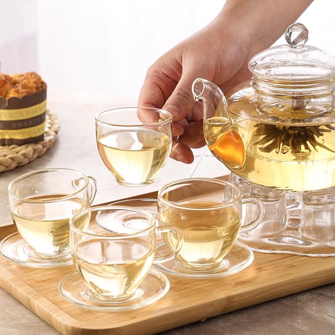 Glass Teapot Set, 34OZ/1000ML Glass Tea Kettle with Loose Tea Infuser & Warmer, 5oz/150ML Tea Cup & Saucer Set of 4, Stovetop & Microwave Safe Tea Maker, Blooming Tea Gift Set For Women - Bloomnest