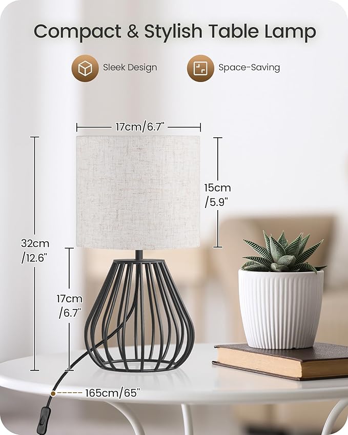 Small Bedside Table Lamp, Black Table Lamp with Metal Cage & Linen Lampshade, Modern Cute Desk Lamp, Cozy Nightstand Lamp for Bedroom, Living Room, Office, 2700K LED Bulb Included, E06TL05 - Bloomnest