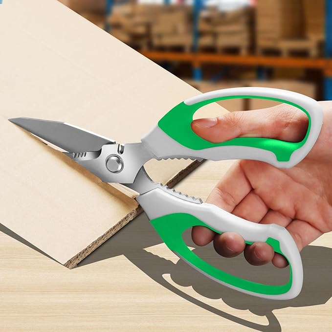 8-Inch Heavy Duty Utility Scissors All Purpose, Serrated Blade, Green Comfort Grip for Cutting Carpet, Cardboard, Leather, Fabric, Multipurpose Sharp Shears for Kitchen, Garden, Office, Carft - Bloomnest