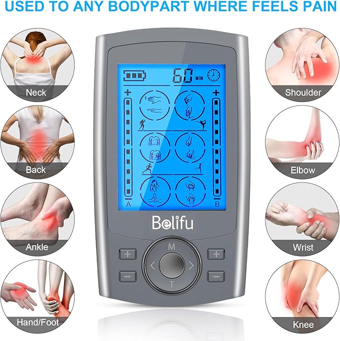 Belifu Dual Channel TENS EMS Unit 24 Modes Muscle Stimulator for Pain Relief Therapy, Electronic Pulse Massager Muscle Massager with 10 Pads, Dust-Proof Drawstring Storage Bag, Fastening Cable Ties Belifu