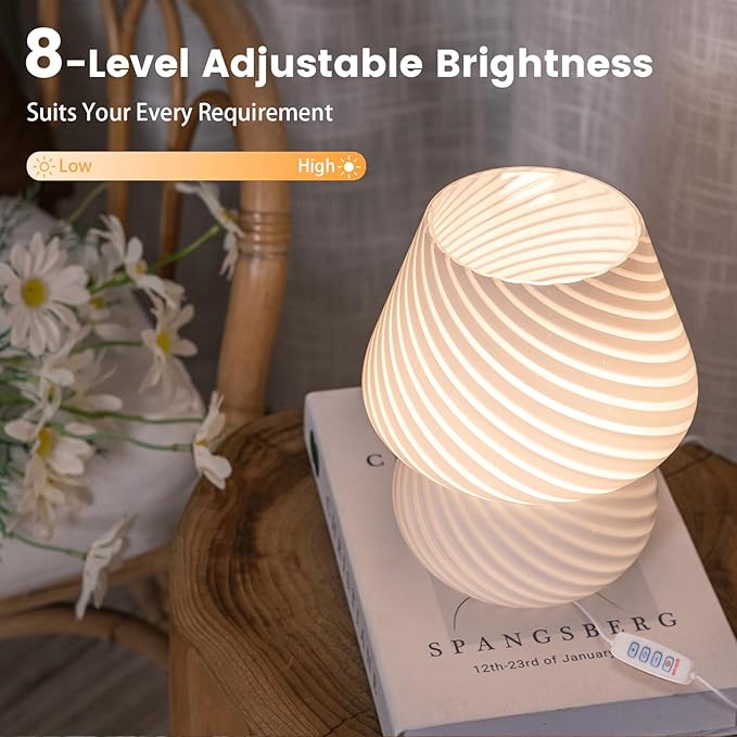 USB Plug-in Mushroom Lamp Small Bedside Table Lamp with 3 Temperature LED Bulb,Free Dimming Nights Light for Bedroom/Living Room/Entryway/Corner Decor (Stripe White) - Bloomnest
