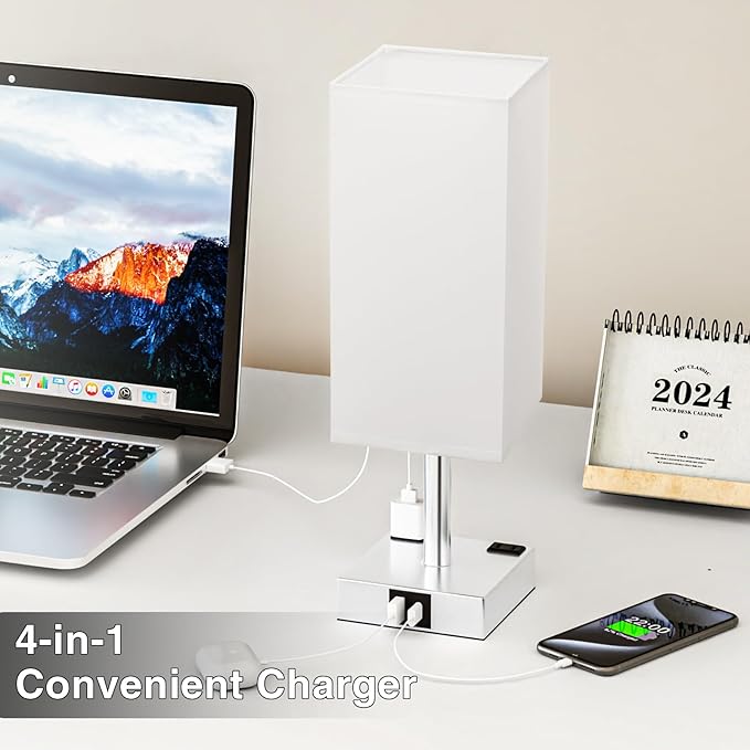 Touch Bedside Table Lamp for Nightstand - 3-Way Dimmable Night Lamp with USB A + Type C Charging Ports and Two AC Outlets, Small Desk Light with E26 LED Bulb for Bedroom Living Room Dorm Office,White - Bloomnest