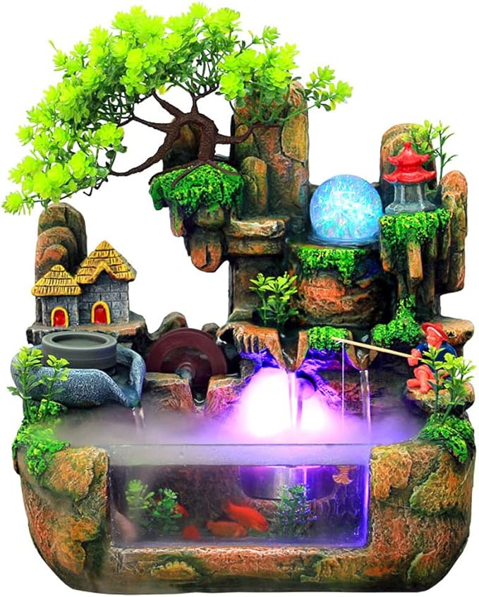 Desktop Fountain Waterfall with Light Rockery Fountain Meditation Plants Stones LED Lamp Indoor Feature with Automatic Pump Relaxation Resin Planter for Office Decoration - Bloomnest