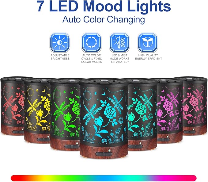Essential Oil Diffuser- Aromatherapy Diffuser with7 Colors Light and Auto-Off for Women Metal Cool Mist Humidifier for Home and Office for Mom Women(Roses + Dragonflies) - Bloomnest