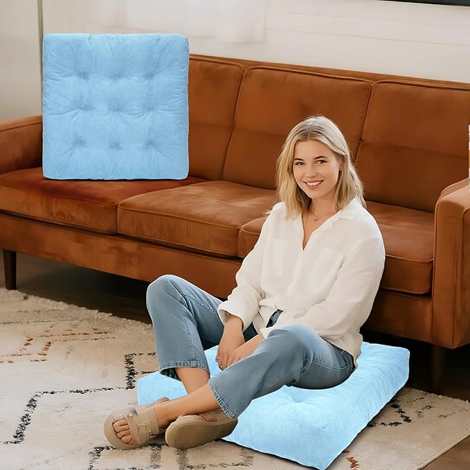 Meditation Floor Pillow Set of 2, Square Large Pillows Seating for Adults, Tufted Corduroy Cushion for Tatami Living Room, 22x22 Inch FP-Lblue