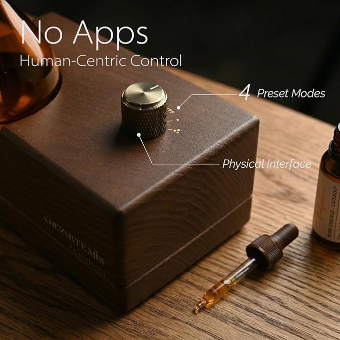 Amber Premium Glass Essential Oil Diffuser with Handmade Wood Base for Aromatherapy, Retro Waterless Scent Diffuser with Cool Mist, Rechargeable & Wireless Oil Nebulizer with LED & Timer, 2026 Model CHEZARTEMIS