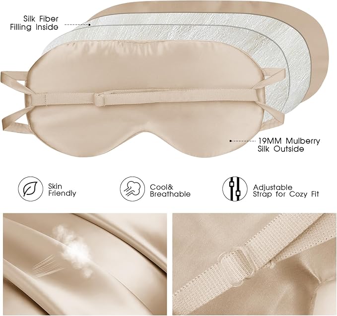 Silk Sleep Mask for Women/Men/Adults with Adjustable Strap Light Blocking Real Silk Eye Mask for Sleeping Plane/Side Sleeper/Travel,Champagne - Bloomnest