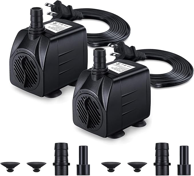 Fountain Pump, 2 Packs 160GPH(10W 600L/H) Submersible Water Pump, Durable Outdoor Fountain Water Pump with 7.2ft（2.2m）Power Cord, 3 Nozzles for Aquarium, Pond, Fish Tank, Water Fountain Pump - Bloomnest