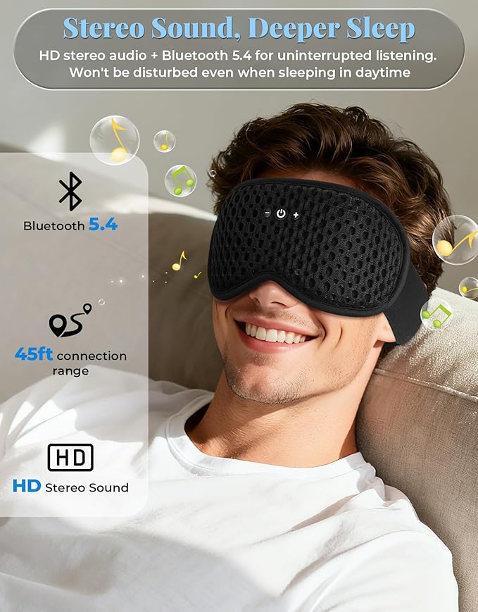 Adjustable 3D Contoured Sleep Mask with Bluetooth Headphones, Eye Masks for Sleeping, Wireless Sleeping Headphones for Men, Women, Cool Gadget Gift - Bloomnest