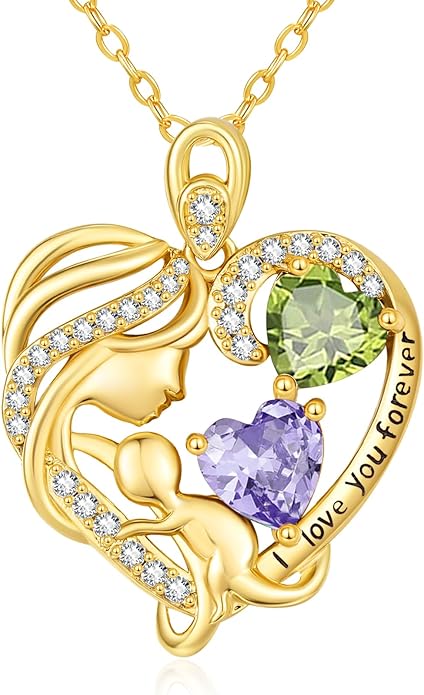 14K Gold Double Birthstone Heart Necklace for Women Mom, Mother Son/Daughter Pendant Necklace for Christmas Mother's Day Birthday Gifts for Wife Daughter Grandmom - Bloomnest