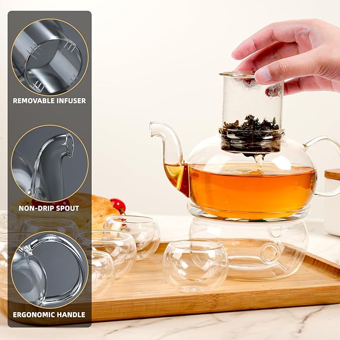 Glass Teapot Set, 27OZ/800ML Stovetop Safe Glass Tea Kettle with 6 Small Double Wall Tea Cups & Loose Tea Infuser & Tea Warmer, Microwave & Dishwasher Safe Tea Maker, Blooming Tea Gift Set - Bloomnest