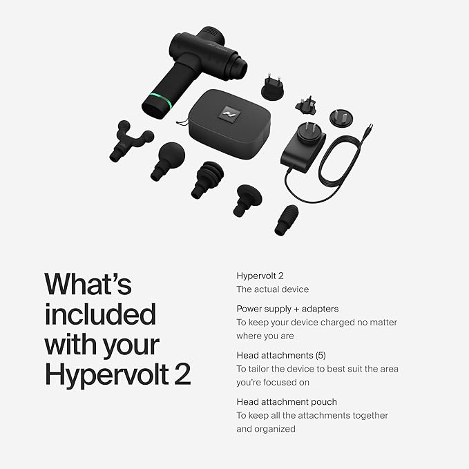 Hyperice Hypervolt 2 Black - Featuring Quiet Glide Technology - Handheld Percussion Massage Gun | 3 Speeds, 5 Interchangeable Heads | Helps Relieve Sore Muscles and Stiffness |FSA and HSA - Bloomnest