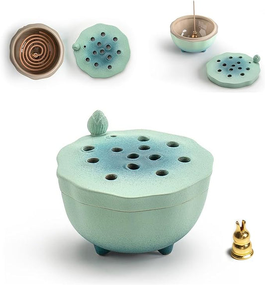 Zen Incense Burner with Lotus Lid Design (Lake Blue), Ceramic Incense Holder for Bakhoor, Stick, Powder, Cone, Coil, and Tower Incense, Home Fragrance Decor - Bloomnest