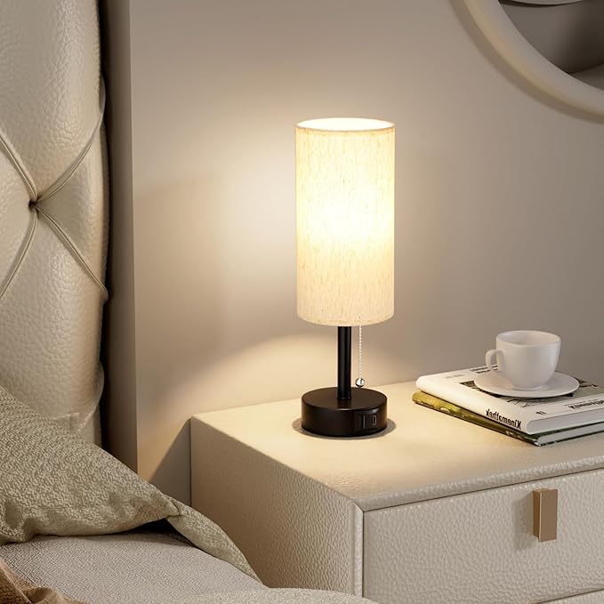 Fenmzee USB Bedside Table Lamps Set of 2-3 Color Temperatures Pull Chain Lamp with USB C and A Charging Ports, Round Night Stand Lamps for Bedroom - Bloomnest