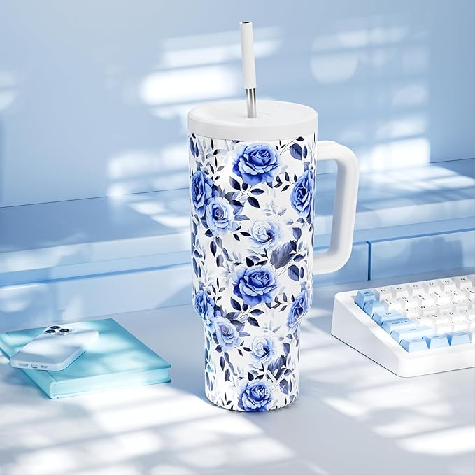 Meoky 40 oz Tumbler with Handle and Straw: Stainless Steel Insulated Tumbler with Lid and Straw - 100% Leak Proof Tumbler for Car Cup Holders - Travelers Commuters Workers, Blue Rose - Bloomnest