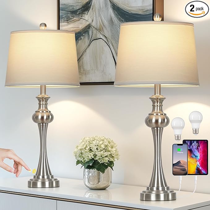 28.75"Silver Table Lamps Set of 2, 3 Way Touch Control Living Room Lamps with USB A+C Ports & Outlets , Modern Bedside Lamps, Elegant Metal Nightstand Lamps for Bedroom Office End Table Decoration - Bloomnest